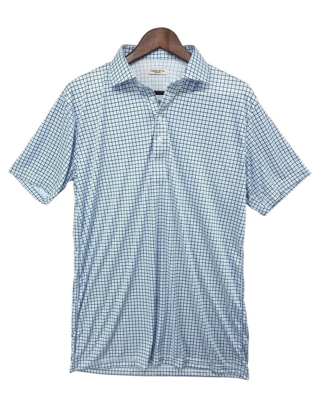 Collars & Co Dress Collar Polo Mens LT Blue Check Stretch Performance Shirt